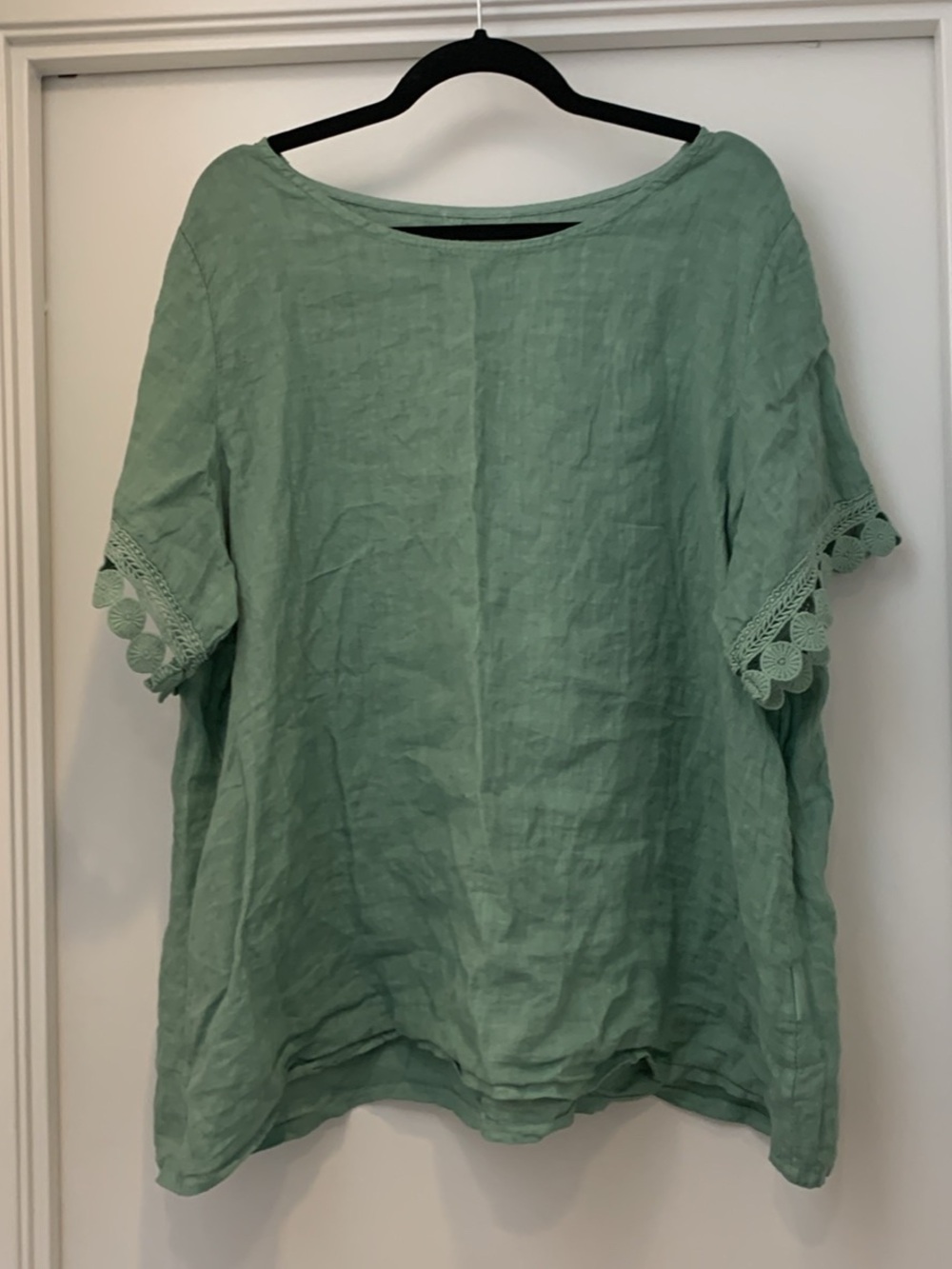 Women’s Relaxed 100 percent Linen Top with Crochet Trim - Sage Green